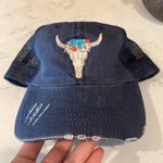 Shyanne  distressed flower bull skull adjustable trucker hat denim Photo 6