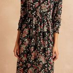 Downeast Womens Black Velvet Floral Long Sleeve Button Midi Dress sz S Cottage Photo 0