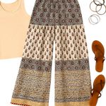 Studio Rasa Block Print Palazzo Pants Size 40 Tiered Wide Leg with Metallic Hem Gold Photo 0