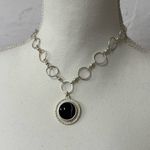 Silver Tone Black Faux Onyx Pendant Chain Necklace Womens Costume Jewelry Photo 0