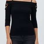 EXPRESS  Black Cold Shoulder Cutout Strappy 3/4 Sleeve Top Shirt Size S Photo 0