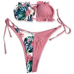 SheIn  Floral Print Frilly Trim Bandeau Side Tie Swimsuit Set Photo 2