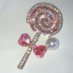 Pink and Gold Tone Rhinestone Faux Pearl Accent Lollipop Brooch Photo 1