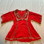 Free People • Red V-neck Embroidery Geometric Colorful Shirt Dress • Size XS Photo 4