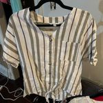 Linen Blend Striped Button and Tie‎ Front White and Green Photo 4