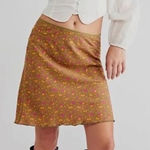 Free People Floral Olive Green Mini Skirt Sz 6 A-Line Lettuce Hem Boho Festival Photo 0