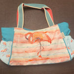 Sun‎ N' Sand Flamingo Large Zip Top Canvas Shoulder Bag Elastic Side Pockets Pink Photo 0