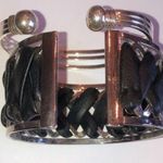 2 Silver Black Faux Leather Cuff Bracelets Photo 2