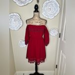 Umgee  Red Crocheted Lace Bell Sleeve Flowy Dress Size Medium Photo 4