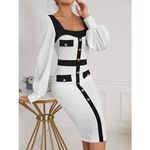 White Black Midi Dress Long‎ Balloon Sleeve Button sizeS/M stretchy Photo 2