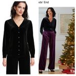 Lands' End  Black Velvet Button Front Top V Neck Sz M 10-12 Old Money Cozy Luxury Photo 1