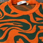 ZARA Abstract Print Cropped Sweater Small Green Orange Long Sleeve Knit Photo 1