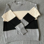 Misslook Women’s Crew Black Cream Grey Neck Striped Sweatshirt sz S gently worn Photo 0