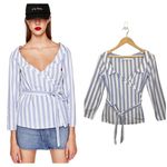 ZARA Off Wide Shoulder Striped Wrap Belted Waist Cotton Top Blouse Blue White XS Photo 2