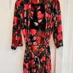 Body Touch Women's Red Floral Black Lace Silky Robe & Mini Slip Set Size Medium Photo 0