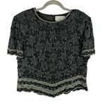 Papell Boutique Evening Vintage Black Floral Beaded Short Sleeve Silk Blouse XL Photo 0