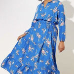 Loft  Long‎ Sleeve Floral Tiered Maxi Dress Size 16 Belted Photo 0