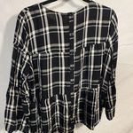 a.n.a . Boho Top Womens Sz Med Black Plaid Rayon Wide Sleeve Tiered Peplum Button Photo 4