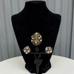 Antique AB Rhinestone Filigree Brooch + Clip On Earrings Set Germany 1920s Gold Photo 1