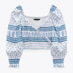ZARA  Boho Smocked Puff Sleeve Crop Top Medium‎ Blue White Print Feminine EUC Photo 0