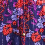 Ella Moss  Silk Floral Purple Red Gold Metallic Stripe Sheer Tie Neck Blouse sz M Photo 3