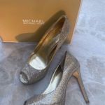 Michael Kors Gold Glitter Milan Platform Peep-Toe Pumps - Size 8. Photo 6
