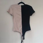 AQUA Ribbed Black and Tan Short Sleeve Bodysuit Photo 3