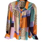 FATE. Multicolor Abstract Patchwork Long Puff Sleeve Ruffle Keyhole Blouse Size M Photo 5