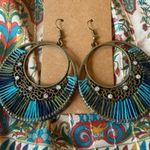 Boho Statement Earrings Bronze Filigree Blue Thread Wrap Large Drop Dangle Photo 0