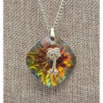 Vintage Germany Signed Iridescent Pendant Necklace with Gold Palm Tree 24" MINT Photo 7