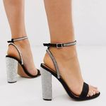 ASOS  Design Hot Step Embellished Rhinestone Block Heel Black Sandals size 5 Photo 0