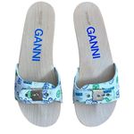 Ganni  Canvas Wooden Clog Slides Sandals - White, Multi, Size 9 Photo 1