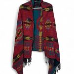 Western Southwest Mexican Aztec Fringe Poncho Shawl Hooded Red OS Toggle Photo 0
