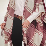 Banana Republic  Wrap Kimono Blanket Cashmere Blend Plaid Red Fringe Wine‎ New Photo 0