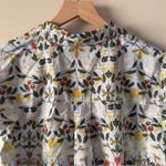 Boden 100% Cotton Bird Pattern Multicolor Floral Button Photo 4