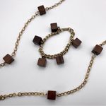 Vintage MCM Square Wooden Gold Tone Link Necklace and Bracelet Set Photo 2