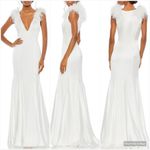 Mac Duggal  68137  Womens White Feather Shoulder Satin V Neck Gown Dress Photo 1