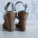 BCBGMAXAZRIA BCBG Paris Metallic Silver Faux Leather Woven Rope Strappy Cork Open Toe Wedges Photo 9
