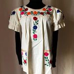 Vintage 60s 70s Cream Mexican Peasant Blouse Floral Embroidered Top S/M Photo 0