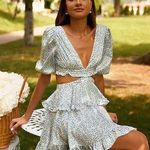 NEW White/Blue Floral Deep V Cutout Waist Ruffled Tiered Dress Multiple Photo 2