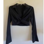 Hunter & Brown Premium Black Vneck Twist Front Cropped Bell Sleeve Blouse Shirt Photo 0