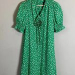 DKNY Puff Sleeve Front Print Tie Neck Mini Swing Dress Women's 4 Green Chiffon Photo 4