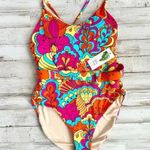 Palms Away Belted One Piece Swimsuit Vibrant Abstract Floral Print Size XS Blue Photo 1