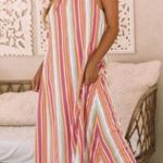 The Lace Daisy NEW Colorful Striped Spaghetti Strap Handkerchief Hem Maxi Dress Size Large Photo 4