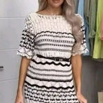 ZARA  Crochet Knit Mini Dress Ruffle Sz‎ Small NWT Striped Black White Photo 0