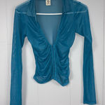 Urban Outfitters Blue Sheer Y2K Mesh Ruched Hook-Front Long Sleeve Stretch Top L Photo 0