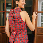 Sail To Sable  Red Plaid Button-Back Blouse Photo 0