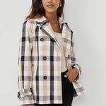 Ann Taylor  Medium Weekend Collection tan black cream Plaid Short Trench Coat Photo 2