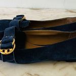 Tory Burch Solid Blue Suede Smoking Flat Flats Gold Logo Buckle - US 7.5 Photo 6