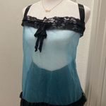VTG 80s 90s Teal Blue & Black Lace Trim Coquettecore Babydoll Lingerie Tank Top Size XL Photo 10
